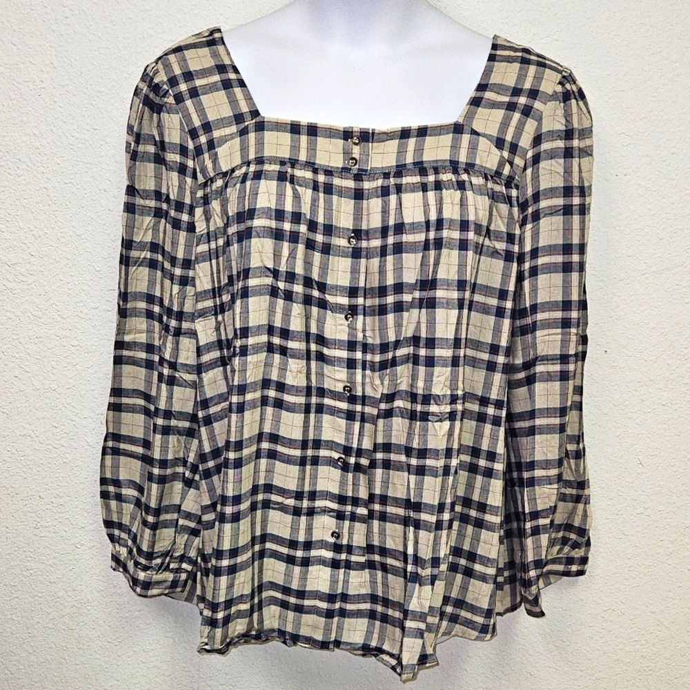 DAVI & DANI Cream and Navy Plaid Button-Front Blouse